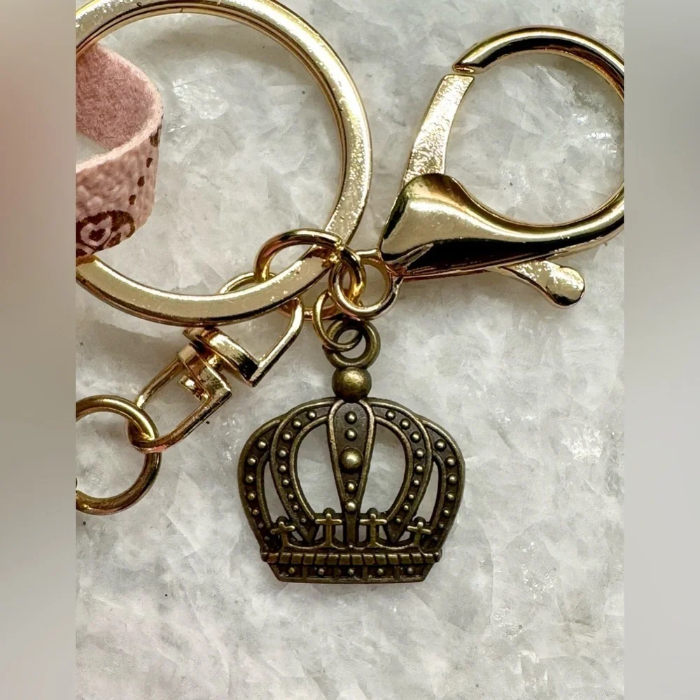 New Pink Faux Leather Mini Bag Purse Charm Keychain w/ Crown Charm & Pom Pom